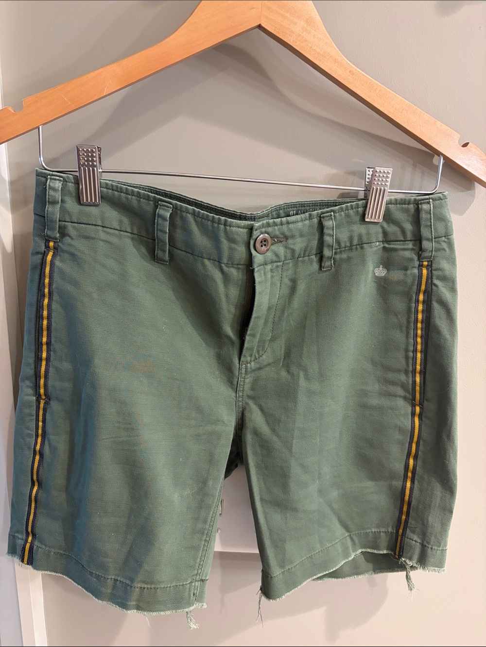Women’s G1 Goods Olive Green Flat-Front Shorts with Yellow Side Stripe